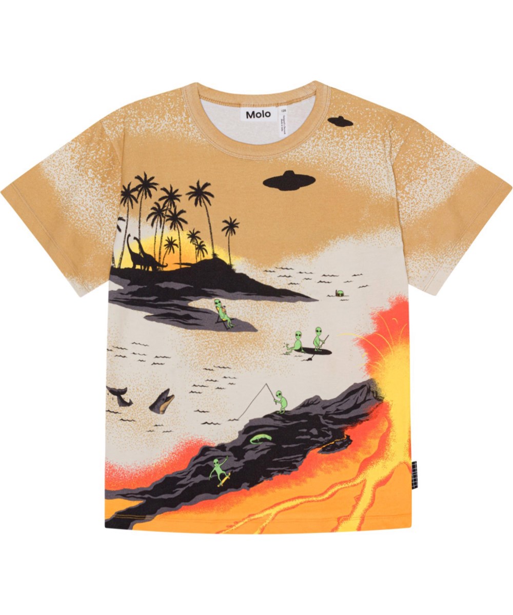 Riley - Alien Tourists - Sandfarbenes und gelbes Öko-T-Shirt mit Alien-Surfer-Placement-Print