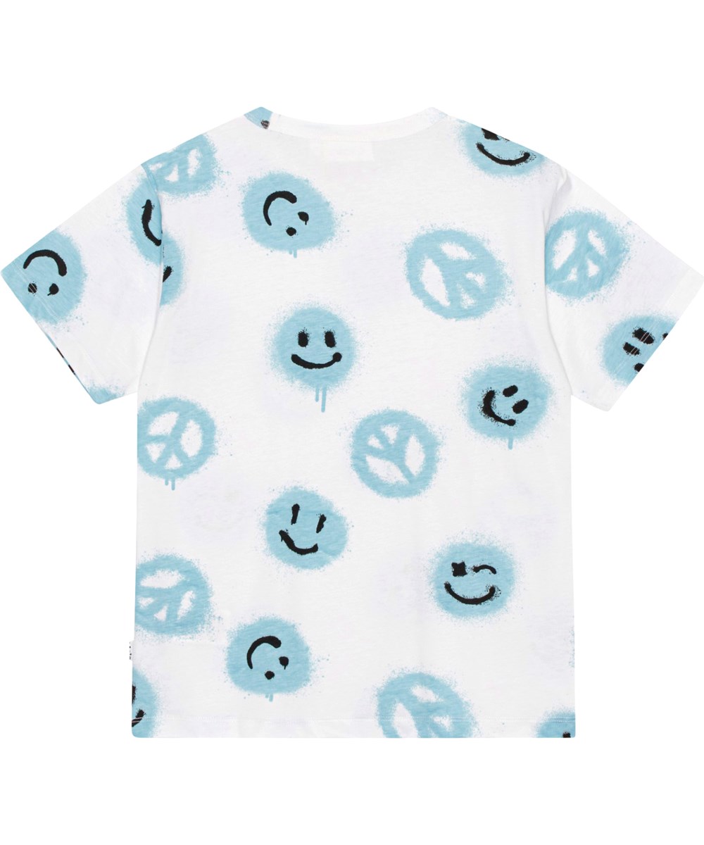 Riley - Easy Peacy Pool - Weißes Öko-T-Shirt mit Allover-Print mit lächelnden Gesichtern und Peace-Zeichen