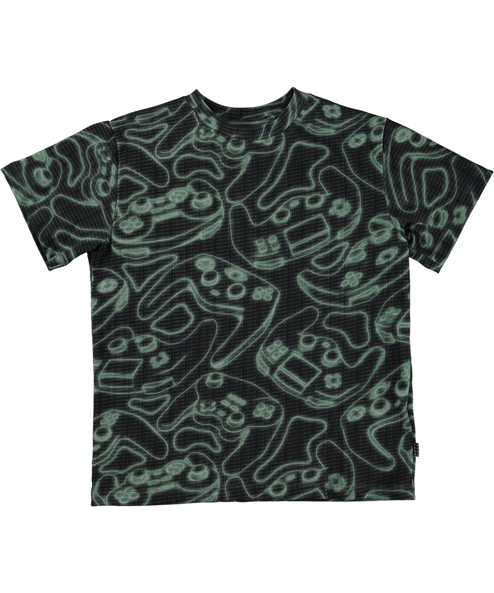 Riley - Glowing Consoles - Schwarzes Öko-T-Shirt mit grünem Konsolendruck