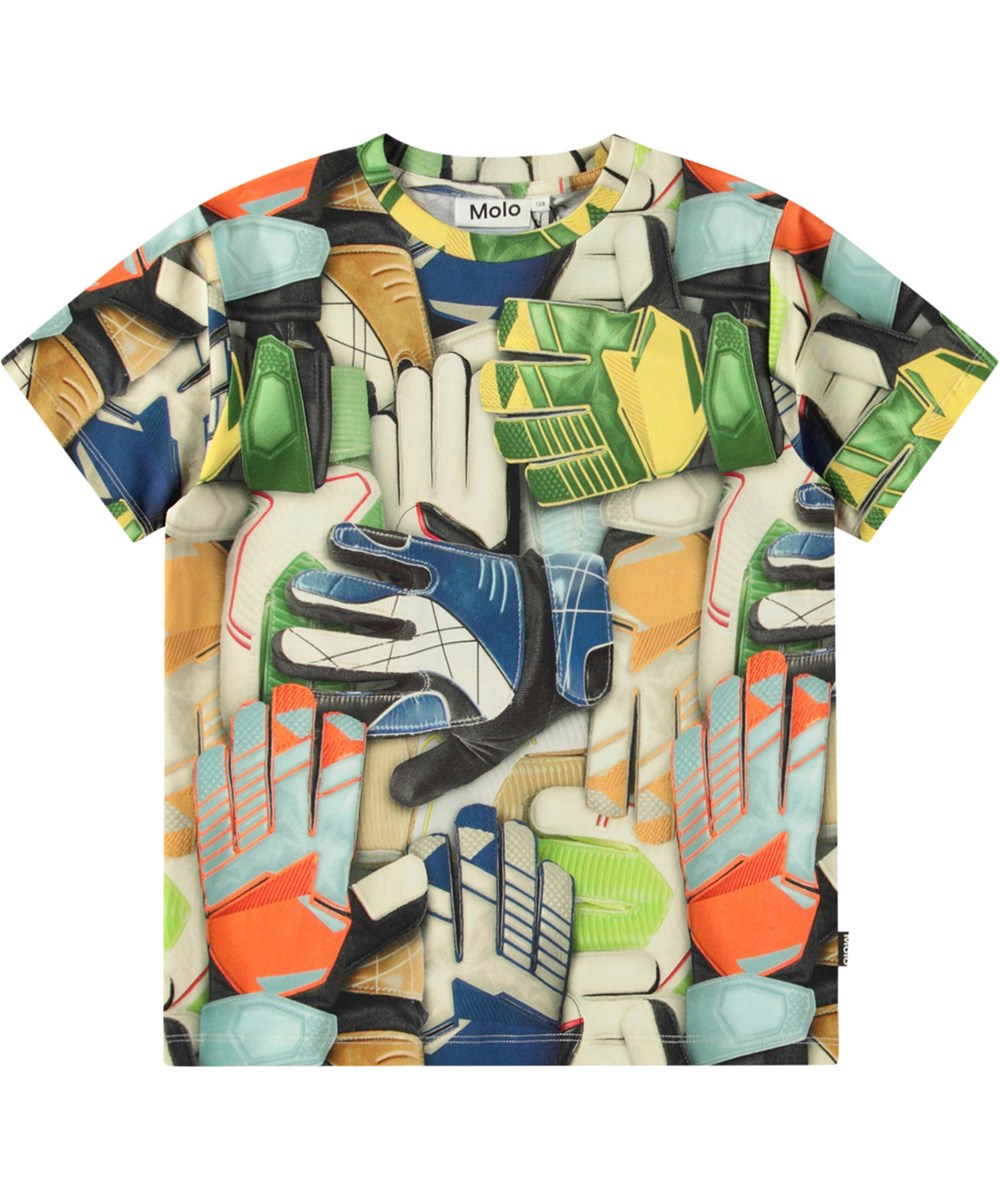 Riley - Goalie Gloves - Buntes T-Shirt mit Druck für Kinder aus weicher Öko-Baumwolle mit kurzen Ärmeln und geripptem Ausschnitt.