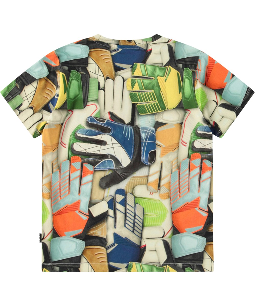 Riley - Goalie Gloves - Buntes T-Shirt mit Druck für Kinder aus weicher Öko-Baumwolle mit kurzen Ärmeln und geripptem Ausschnitt.
