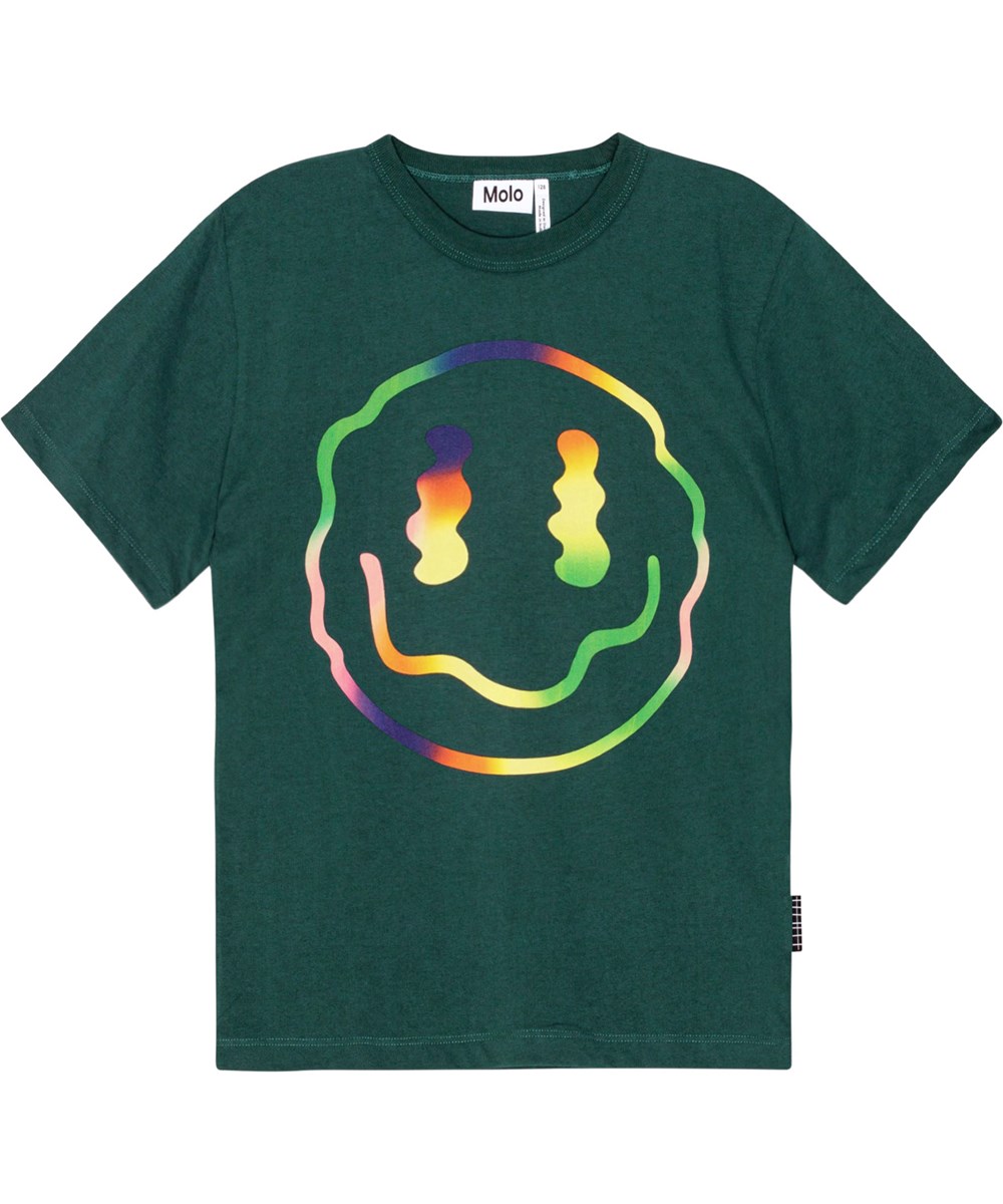 Riley - Grading Smile - Grünes T-Shirt aus Öko-Baumwolle mit mehrfarbigem lächelndem Gesichtsdruck.