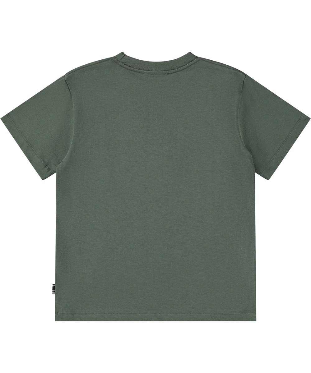 Riley - Green Car - Dunkelgrünes T-Shirt aus weicher Öko-Baumwolle mit einem Aufdruck, kurzen Ärmeln und einem gerippten Ausschnitt.