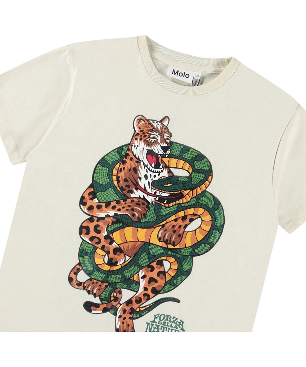 Riley - Jaguar And Snake - Off-weißes T-Shirt mit Druck für Kinder aus weicher Öko-Baumwolle mit kurzen Ärmeln und geripptem Ausschnitt.