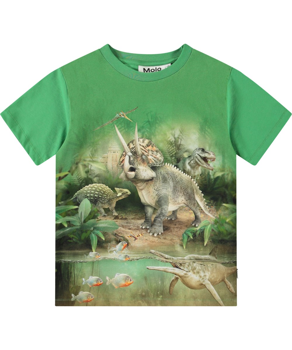 Riley - Jungle Dinos - Grünes T-Shirt mit Aufdruck für Kinder aus weicher Öko-Baumwolle mit kurzen Ärmeln und geripptem Ausschnitt.