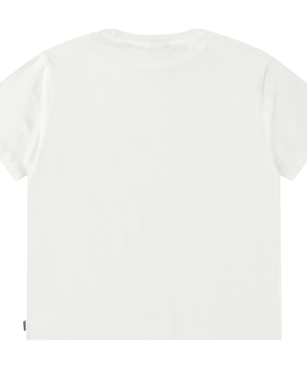 Riley - Peace Smile - Weißes T-Shirt mit Aufdruck für Kinder aus weicher Öko-Baumwolle mit kurzen Ärmeln und geripptem Ausschnitt.