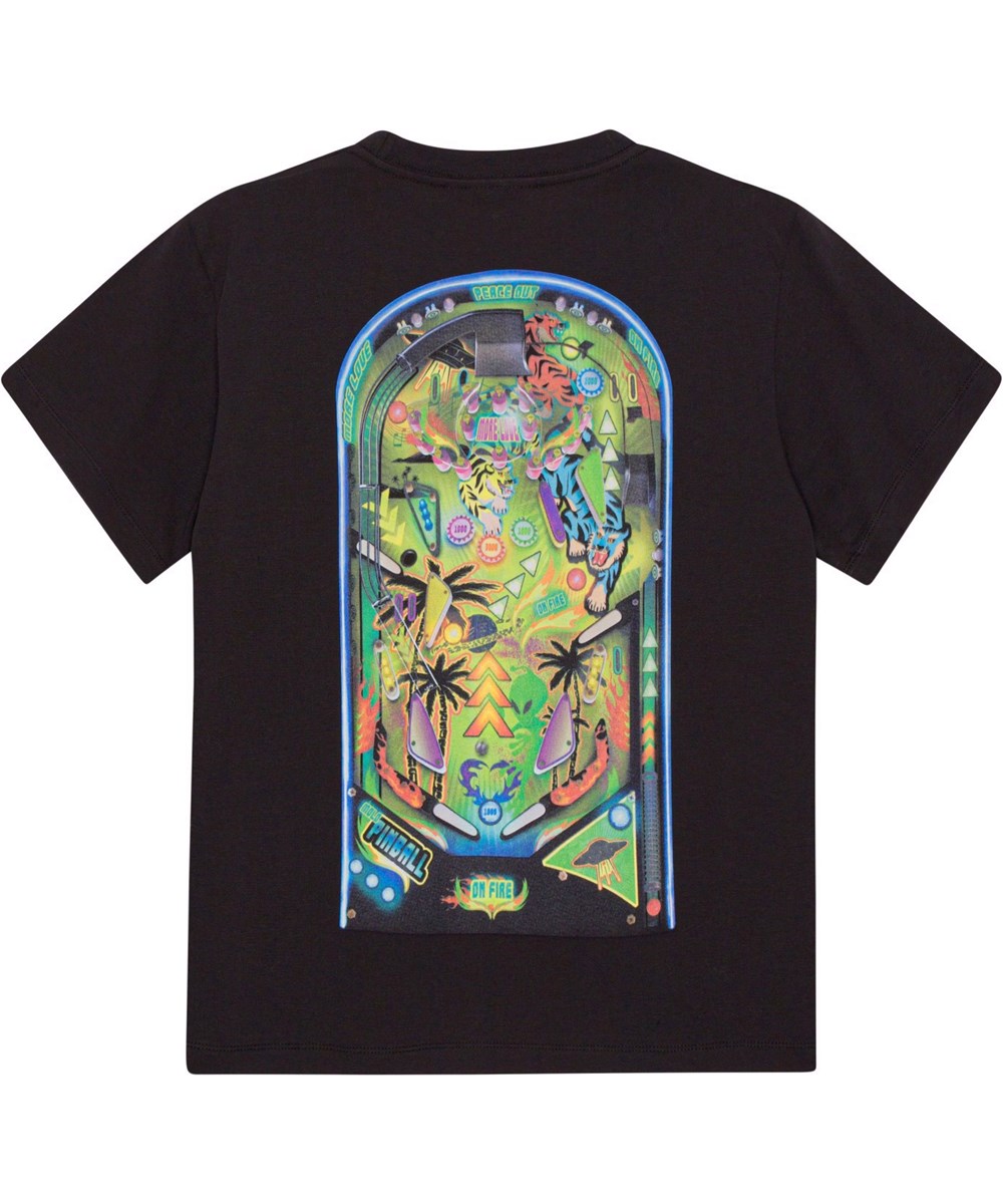 Riley - Pinball Dark - Schwarzes Öko-T-Shirt mit platziertem Flipper-Aufdruck