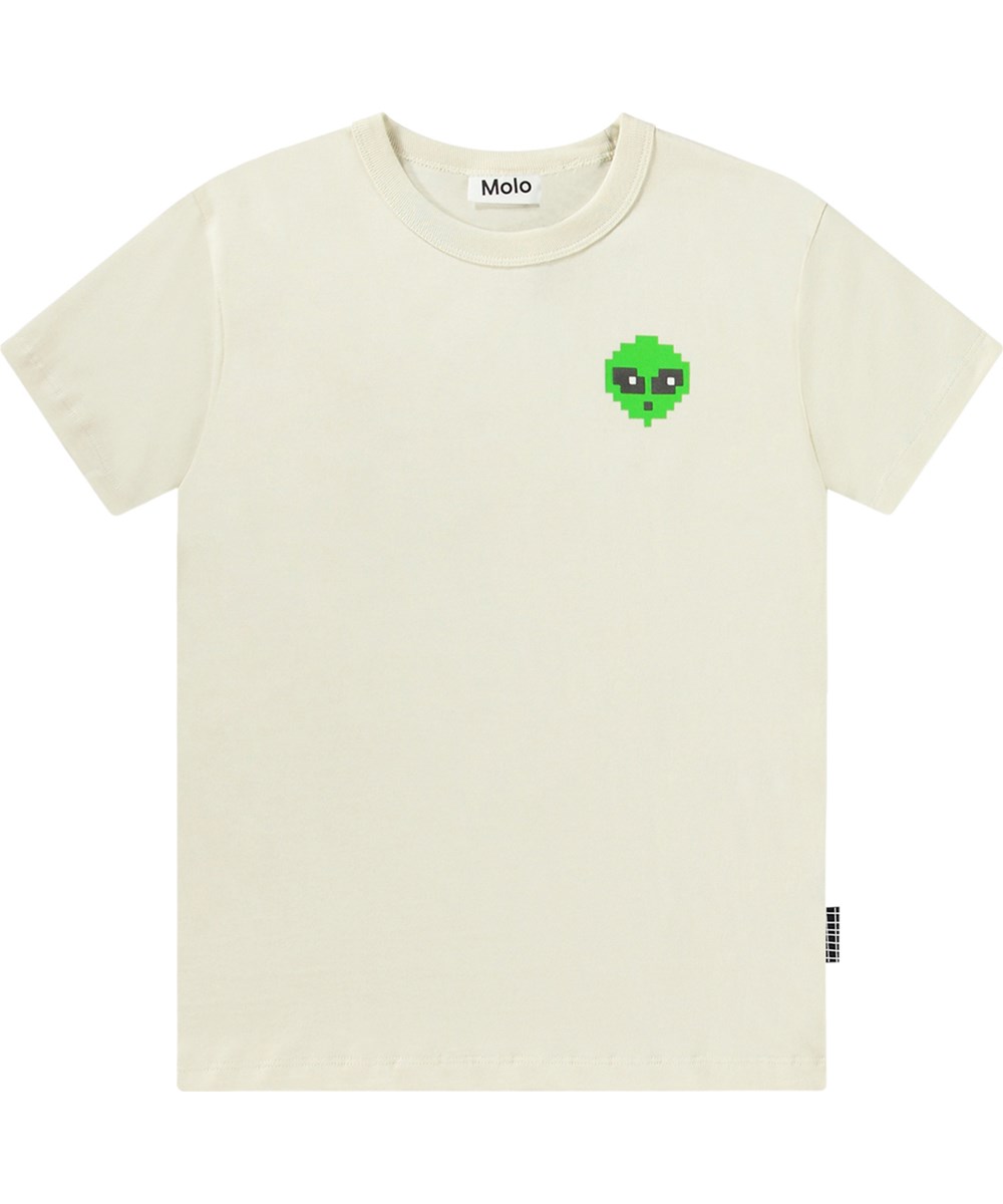Riley - Pixel Alien - Off-weißes T-Shirt aus Öko-Baumwolle mit grünem Pixel-Alien-Druck.
