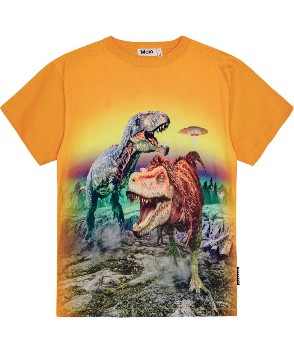 Riley - Playful Dinosaur - Oranges T-Shirt aus Öko-Baumwolle mit Dinosaurier-Druck.