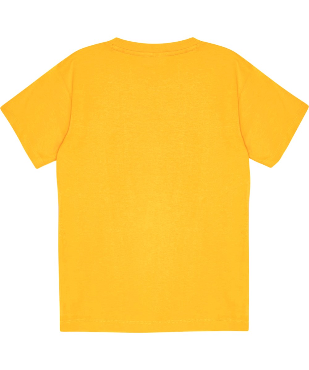 Riley - Smile Pixel - Gelbes T-Shirt aus Öko-Baumwolle mit aufgedrucktem Pixelgesicht.