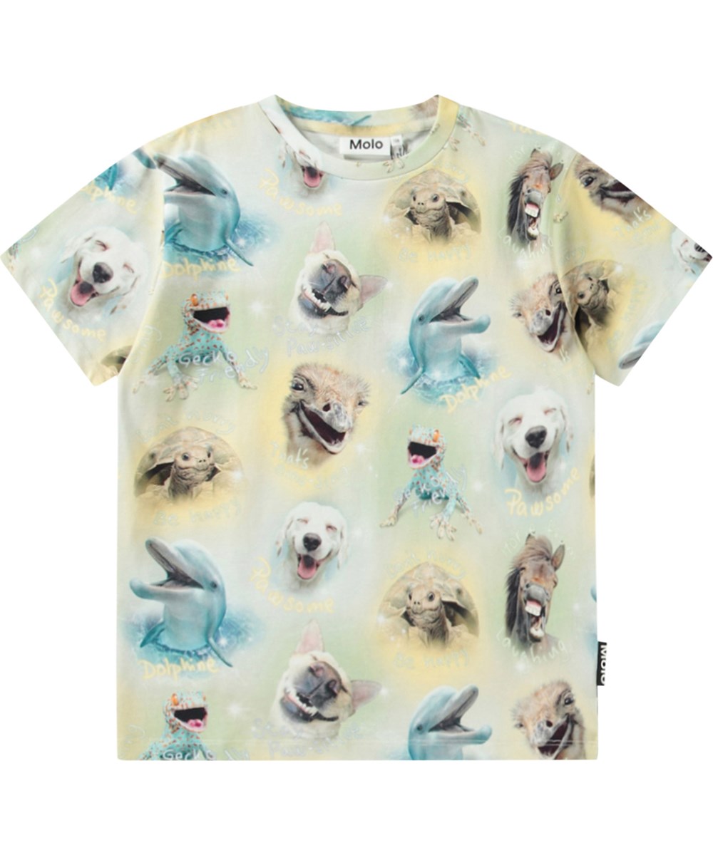 Riley - Smiling Animals - Beige und hellgraues T-Shirt mit Druck für Kinder aus weicher Öko-Baumwolle mit kurzen Ärmeln und geripptem Ausschnitt.