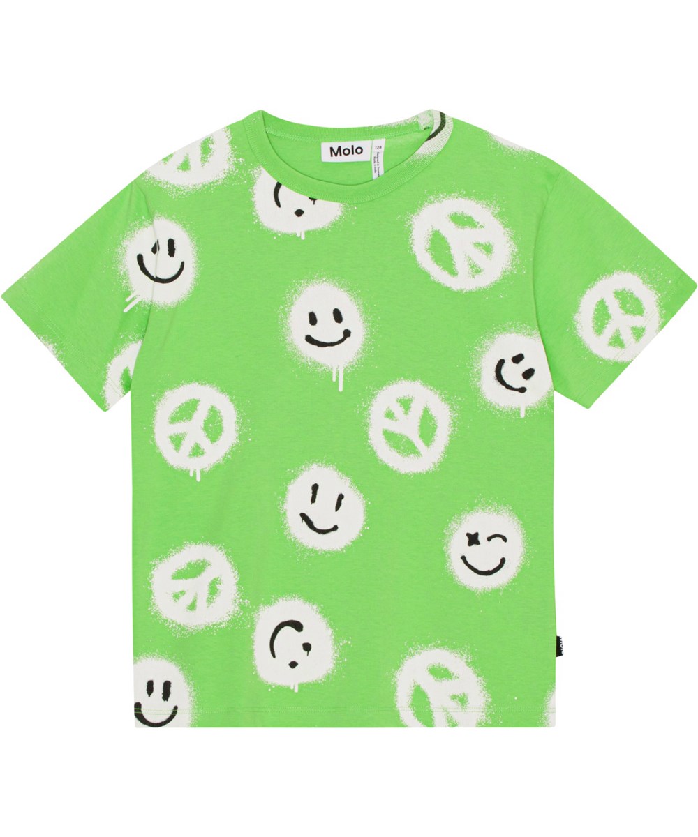 Riley - Vert Easy Peacy - Grünes Öko-T-Shirt mit Allover-Print mit lächelnden Gesichtern und Peace-Zeichen