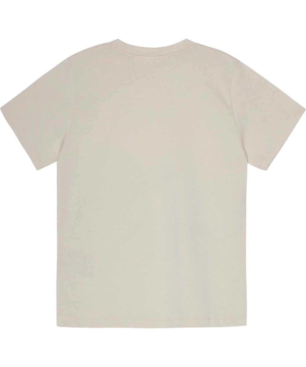 Riley - Virtual Scenery - Beiges T-Shirt aus Öko-Baumwolle mit einem farbenfrohen Roboter-Dinosaurier-Druck auf der Vorderseite.