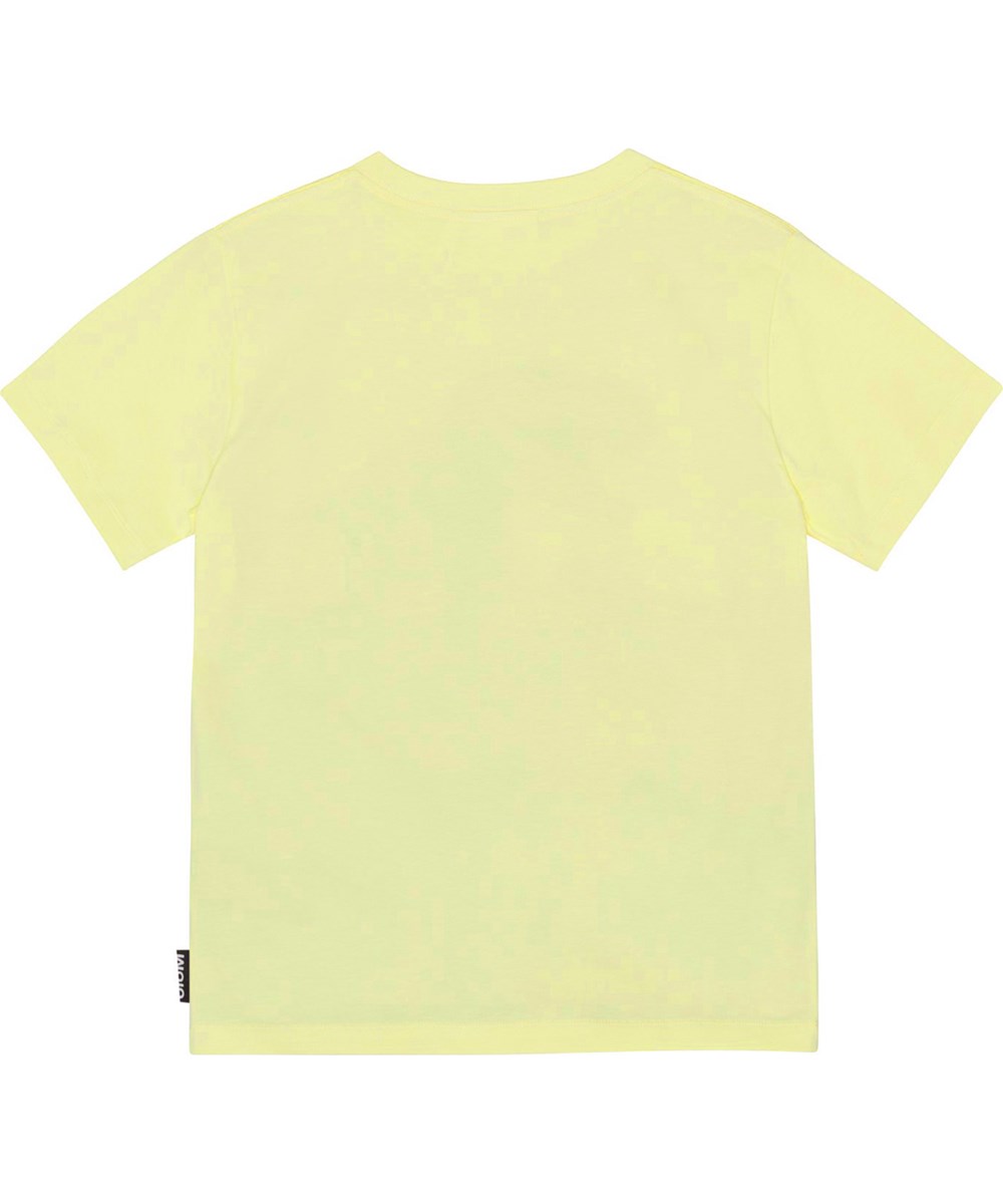 Riley - Volcano Dino - Gelbes Öko-T-Shirt mit platziertem Dinosaurier-Print