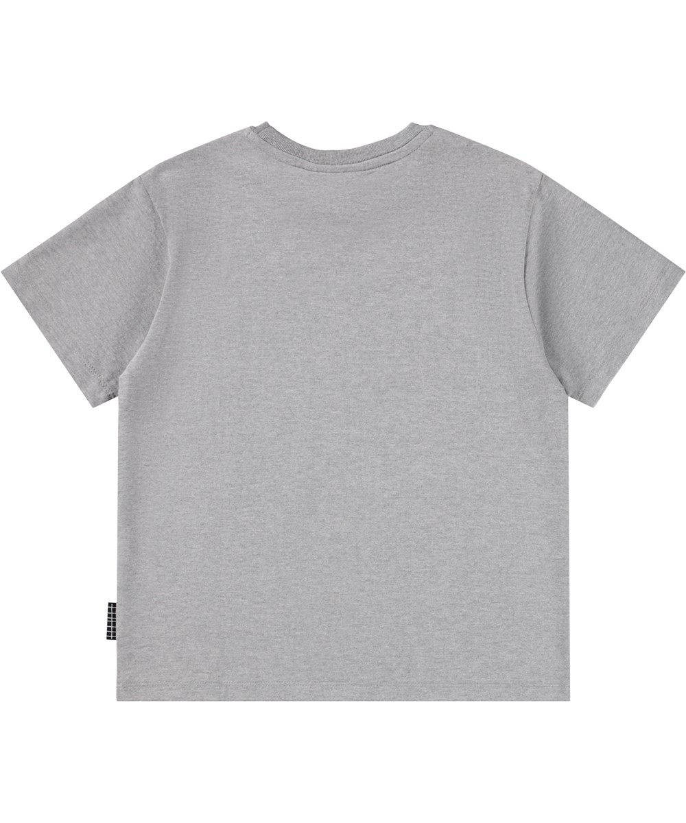 Riley - Grey Melange - Grau meliertes T-Shirt für Kinder aus weicher Öko-Baumwolle mit Druck, kurzen Ärmeln und einem gerippten Ausschnitt.