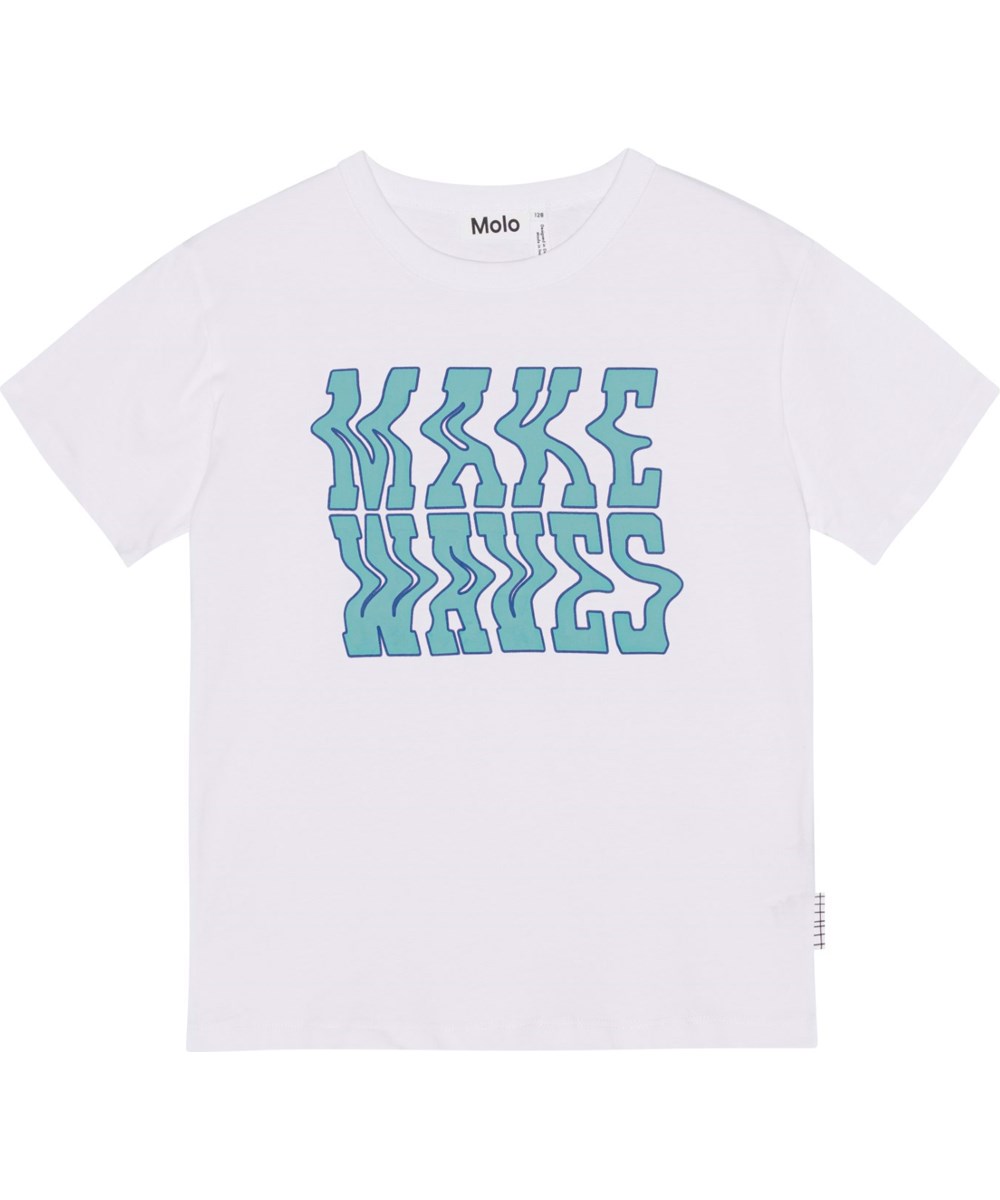 Riley - Wave Maker - Weißes Öko-T-Shirt mit blauem „Make Waves“-Aufdruck