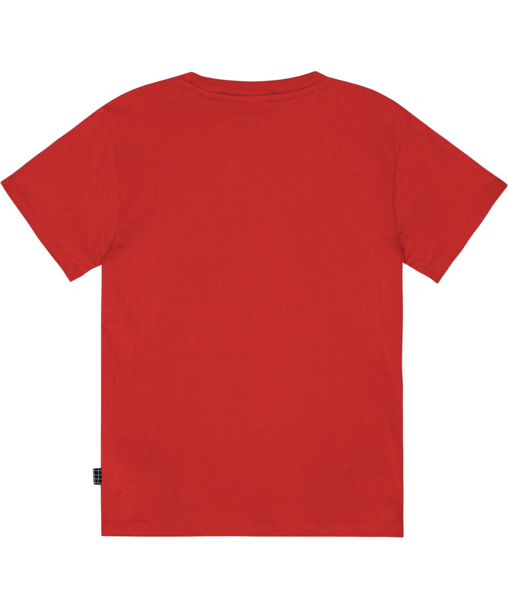 Riley - Worldplay - Rotes T-Shirt aus Öko-Baumwolle mit "World Play" Aufdruck.