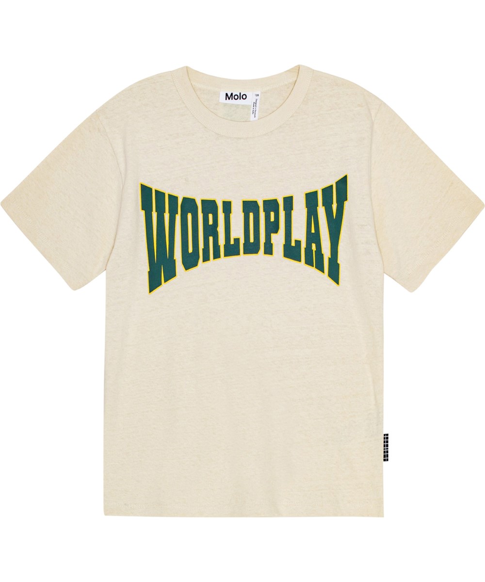 Riley - Worldplay Pine - Off-weißes T-Shirt aus Öko-Baumwolle mit grünem und gelbem "World Play" Aufdruck.