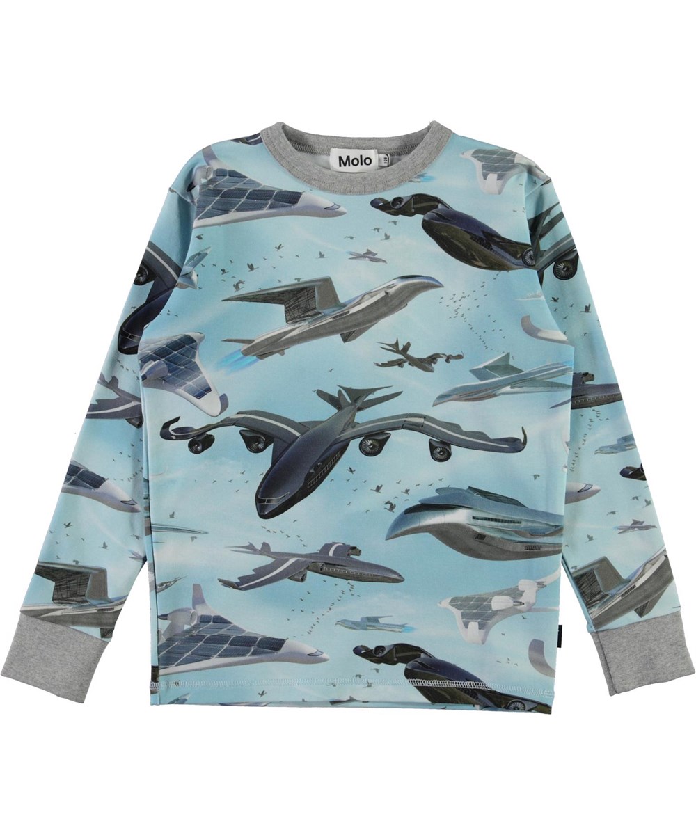 Rill - Biomimicry - Öko hellblaues Langarm-T-Shirt mit Flugzeugmuster