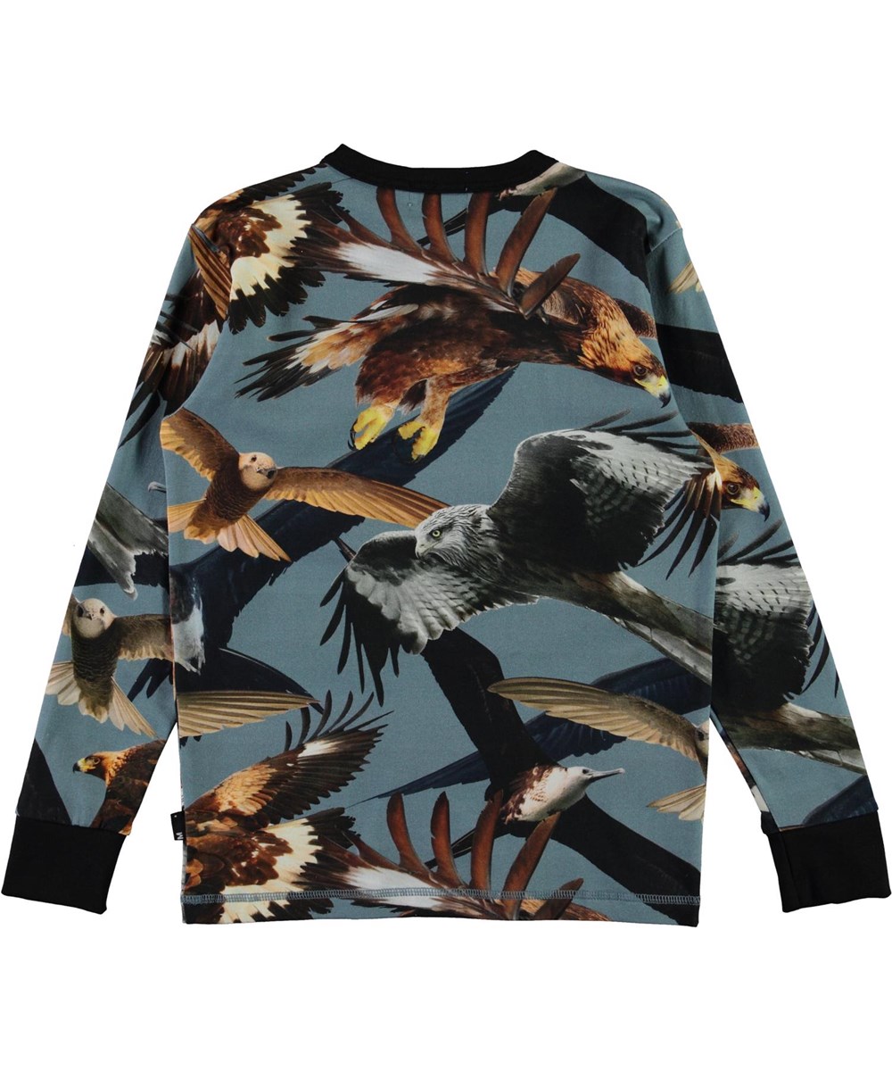Rill - Birds - Öko blaues Langarm-T-Shirt mit Vogeldruck