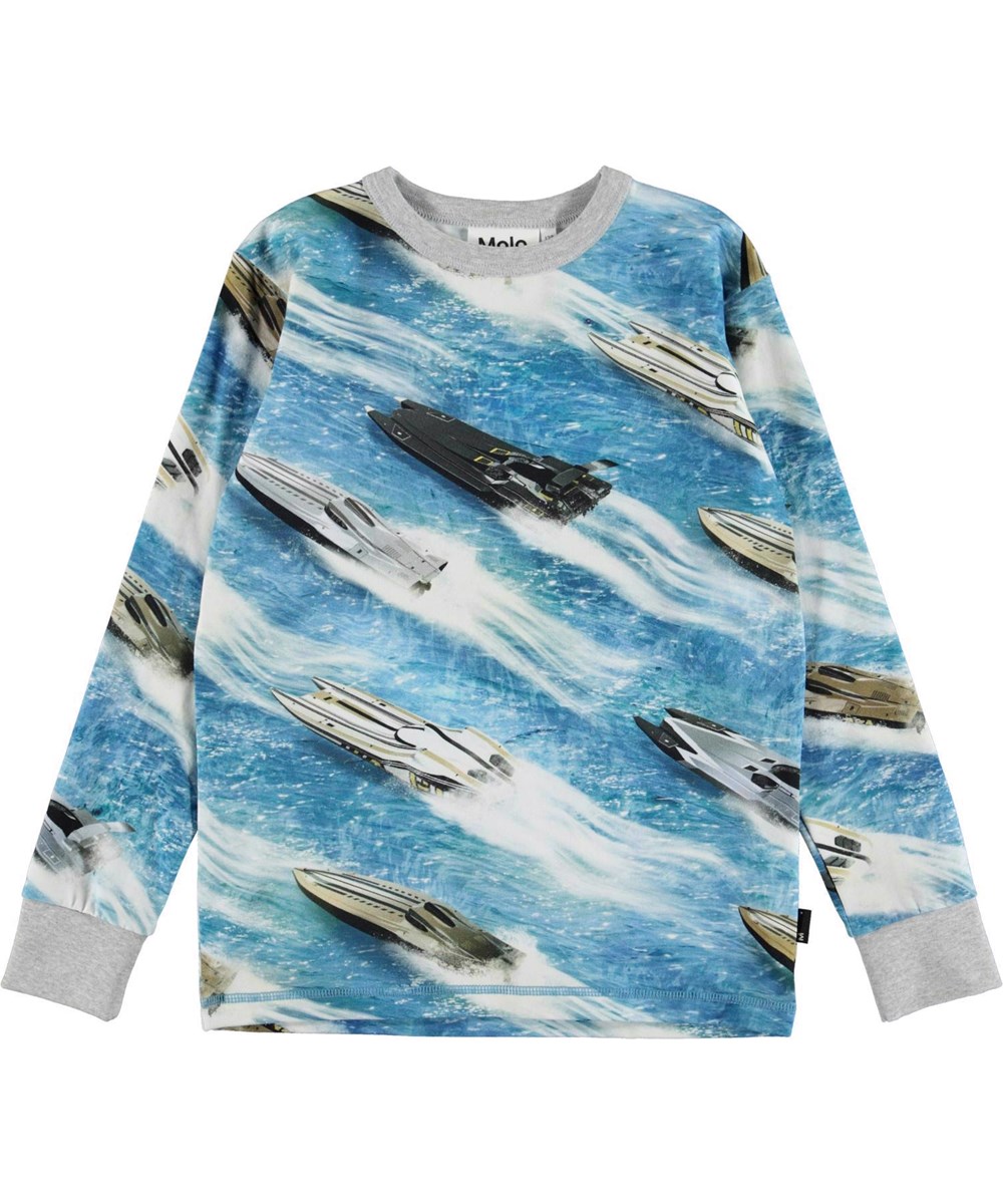 Rill - Electric Speed - Öko-Langarm-T-Shirt mit Speedboot-Print "Electric Speed".