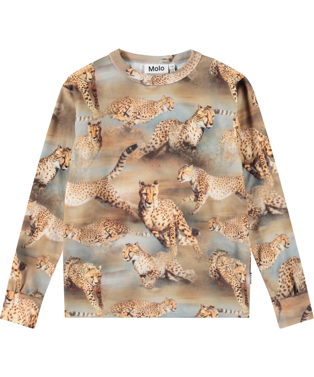 Rill - Fast Cheetahs - Langärmeliges Oberteil mit Geparden für Kinder aus weicher Öko-Baumwolle mit geripptem Ausschnitt und Ärmeln.