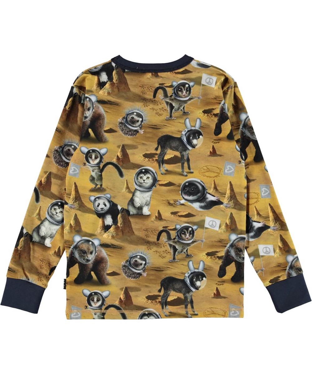 Rill - Kawaii Space - Braunes Öko-Langarmshirt mit Astronautentieren