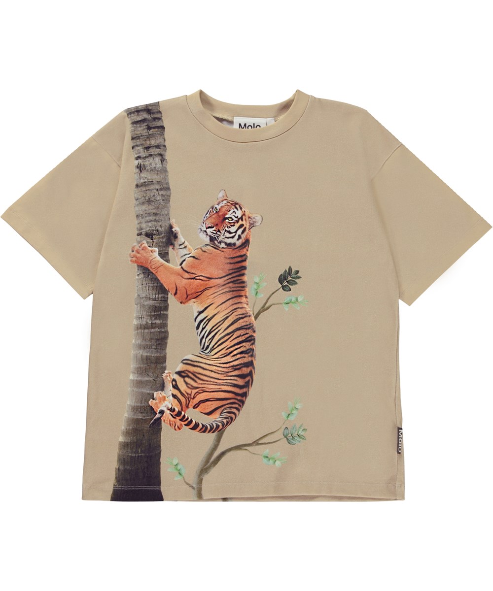 Rillo - Climbing Tiger - Beiges Öko-T-Shirt mit Tiger-Print