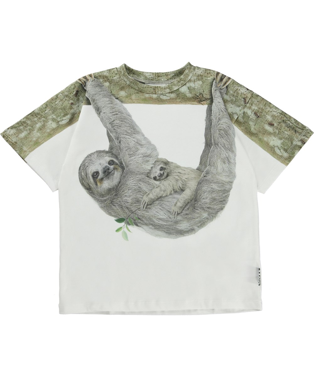 Rillo - Hanging Sloth - Weißes Öko-T-Shirt mit Faultier-Print
