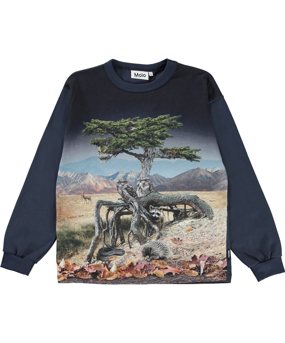 Rin - Blending In - Blaue Öko-Langarmshirt mit Natur-Aufdruck