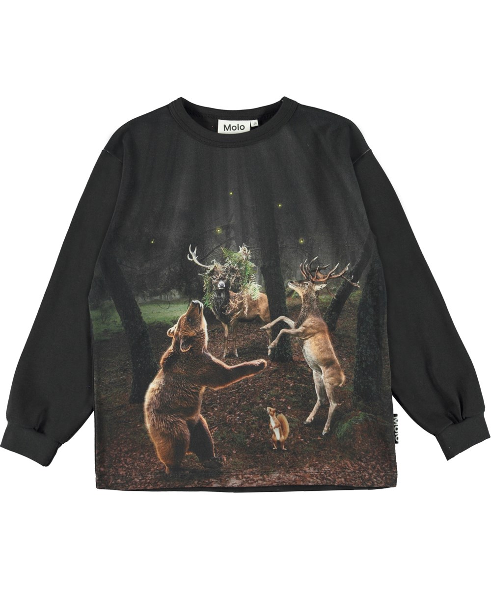 Rin - Forest Party - Schwarze Öko-Bluse mit tanzenden Tieren