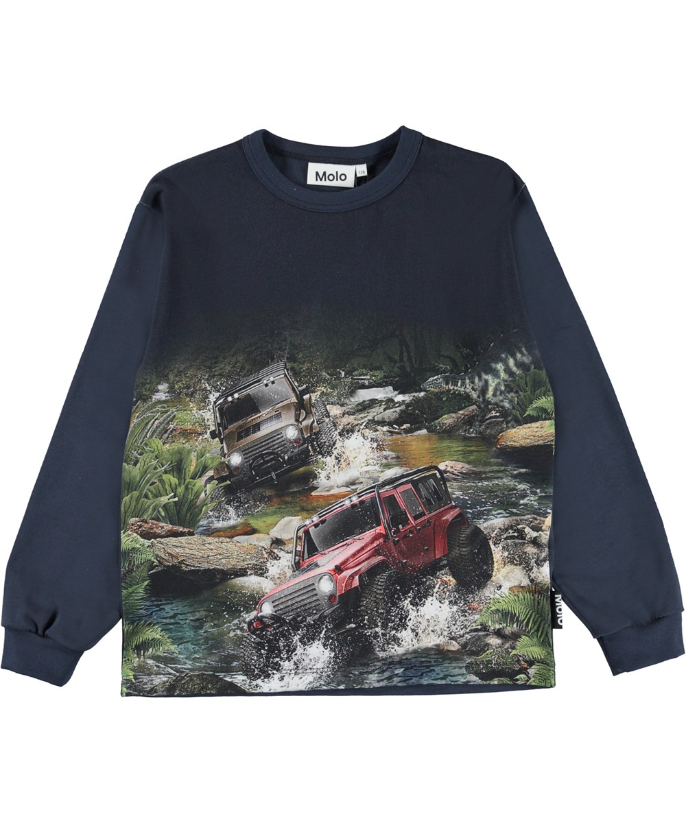 Rin - Jeeps Dark - Blaue Öko-Langarmshirt mit Jeep-Print