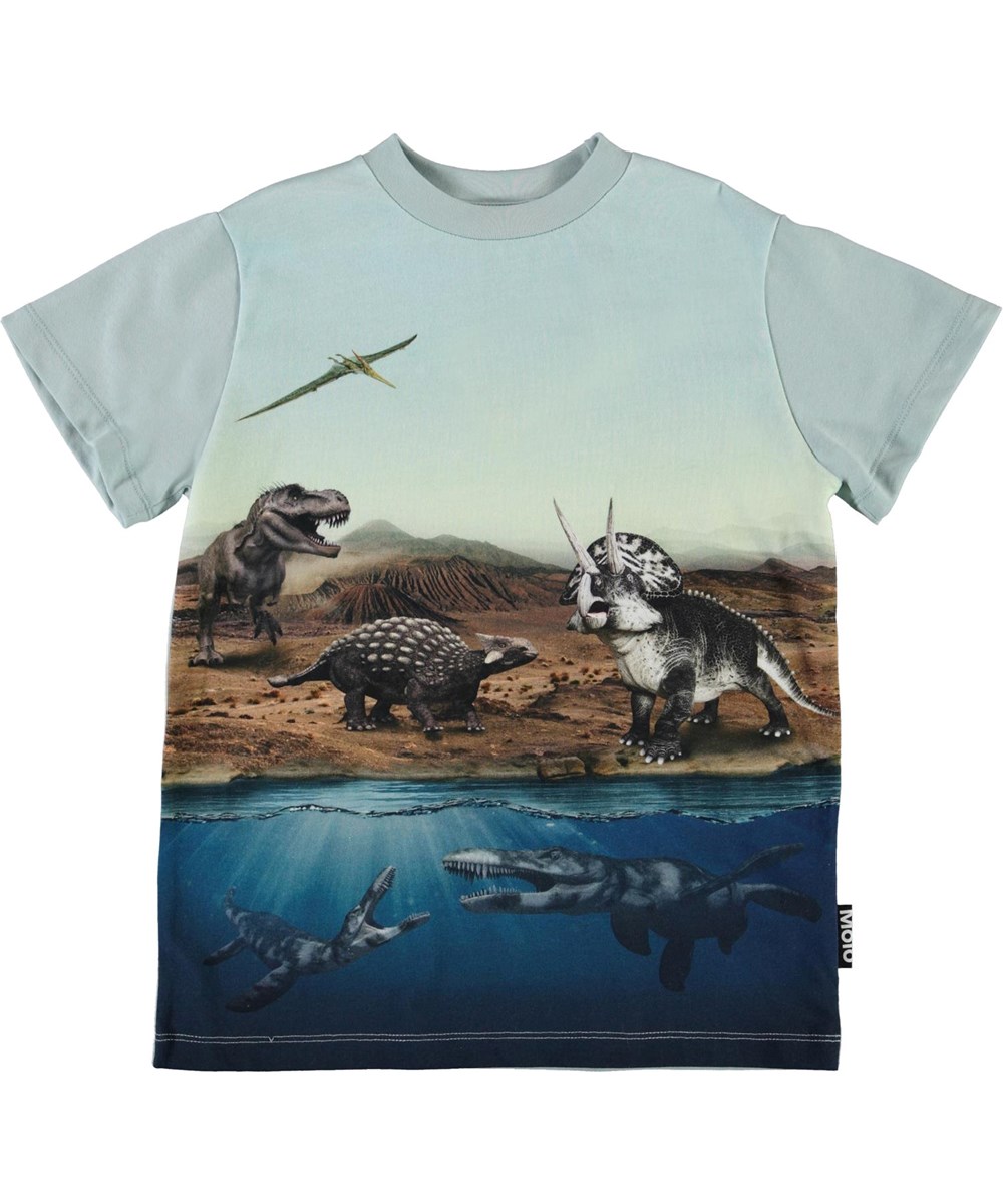 Road - Dino World - Öko hellblaues T-Shirt mit Dinosaurier