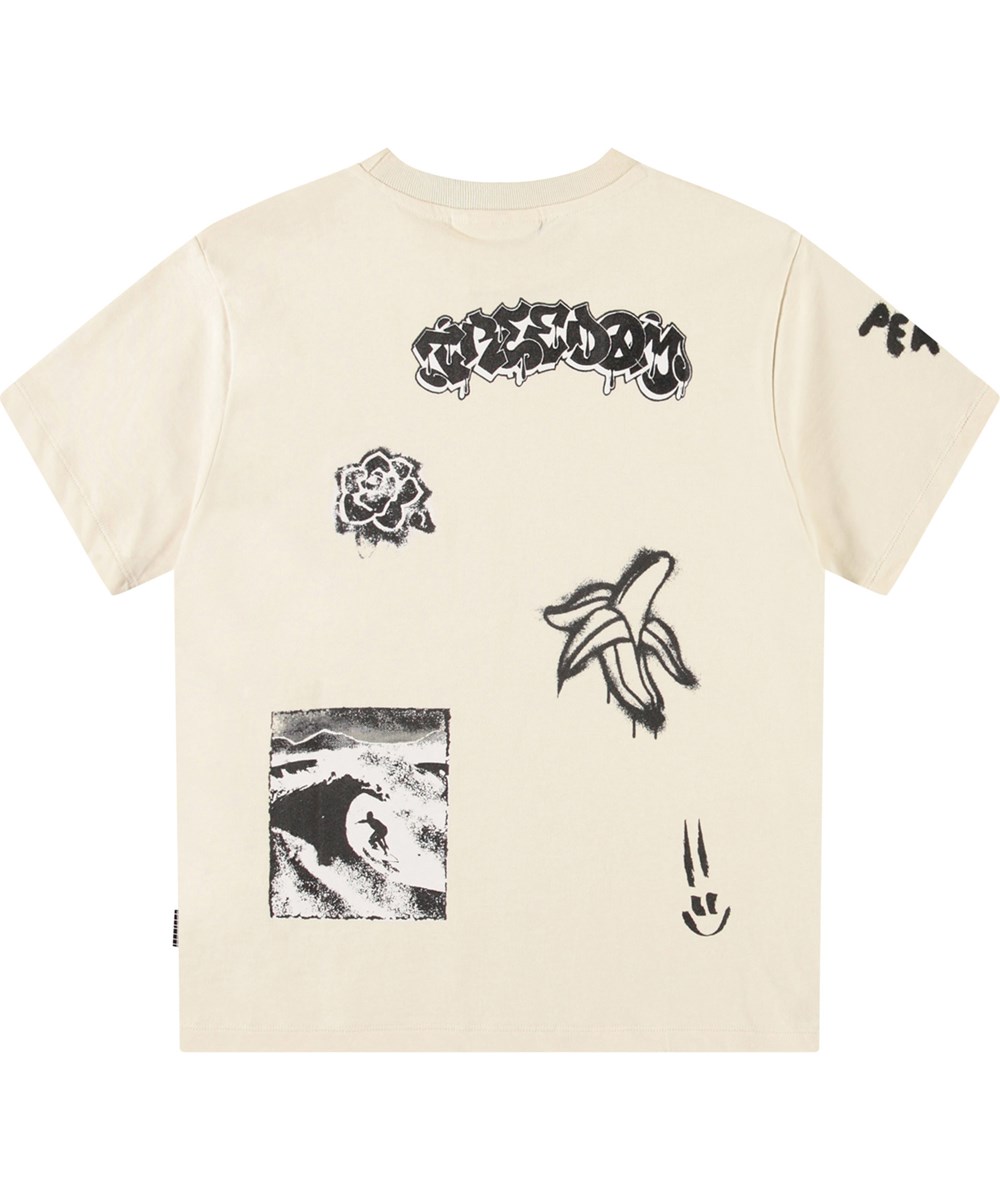 Rodney - Art Mash Up - Off-weißes T-Shirt mit Druck für Kinder aus Öko-Baumwolle mit kurzen Ärmeln und geripptem Ausschnitt.