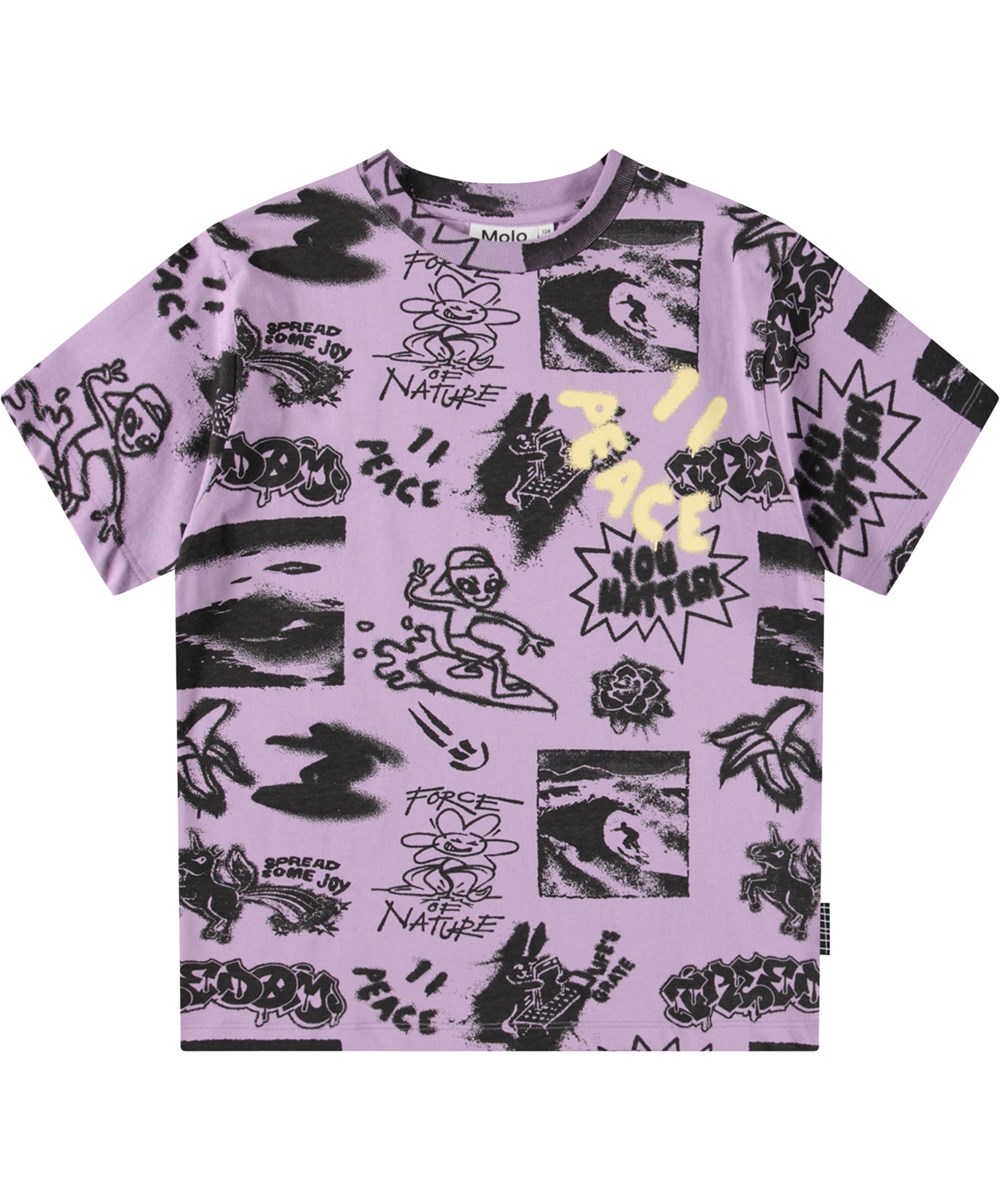 Rodney - Art Mix Purple - Lila T-Shirt mit Druck für Kinder aus Öko-Baumwolle mit kurzen Ärmeln und geripptem Ausschnitt.