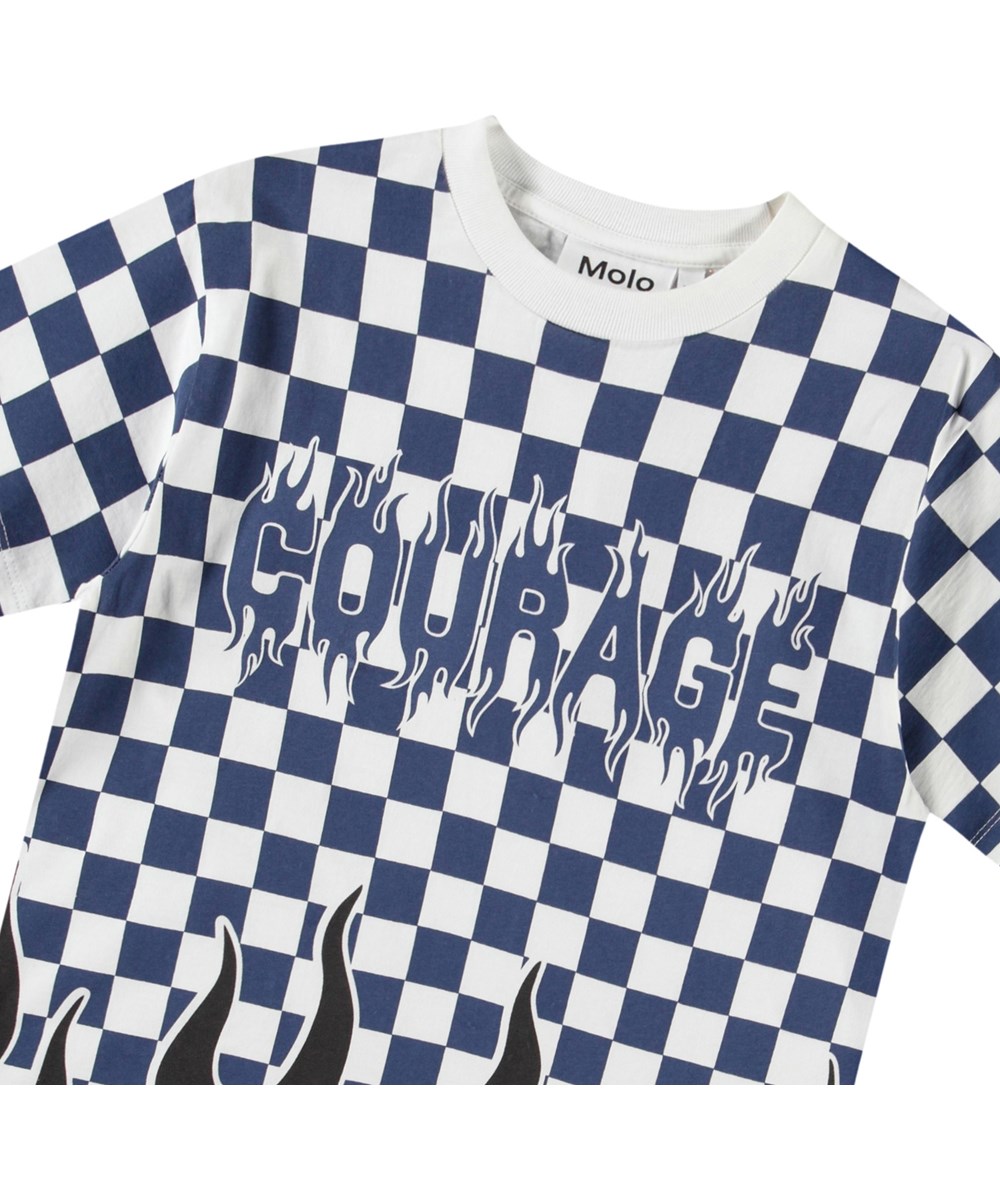 Rodney - Courage Check - Weißes und blaues kariertes T-Shirt mit Druck für Kinder aus Öko-Baumwolle mit kurzen Ärmeln und geripptem Ausschnitt.