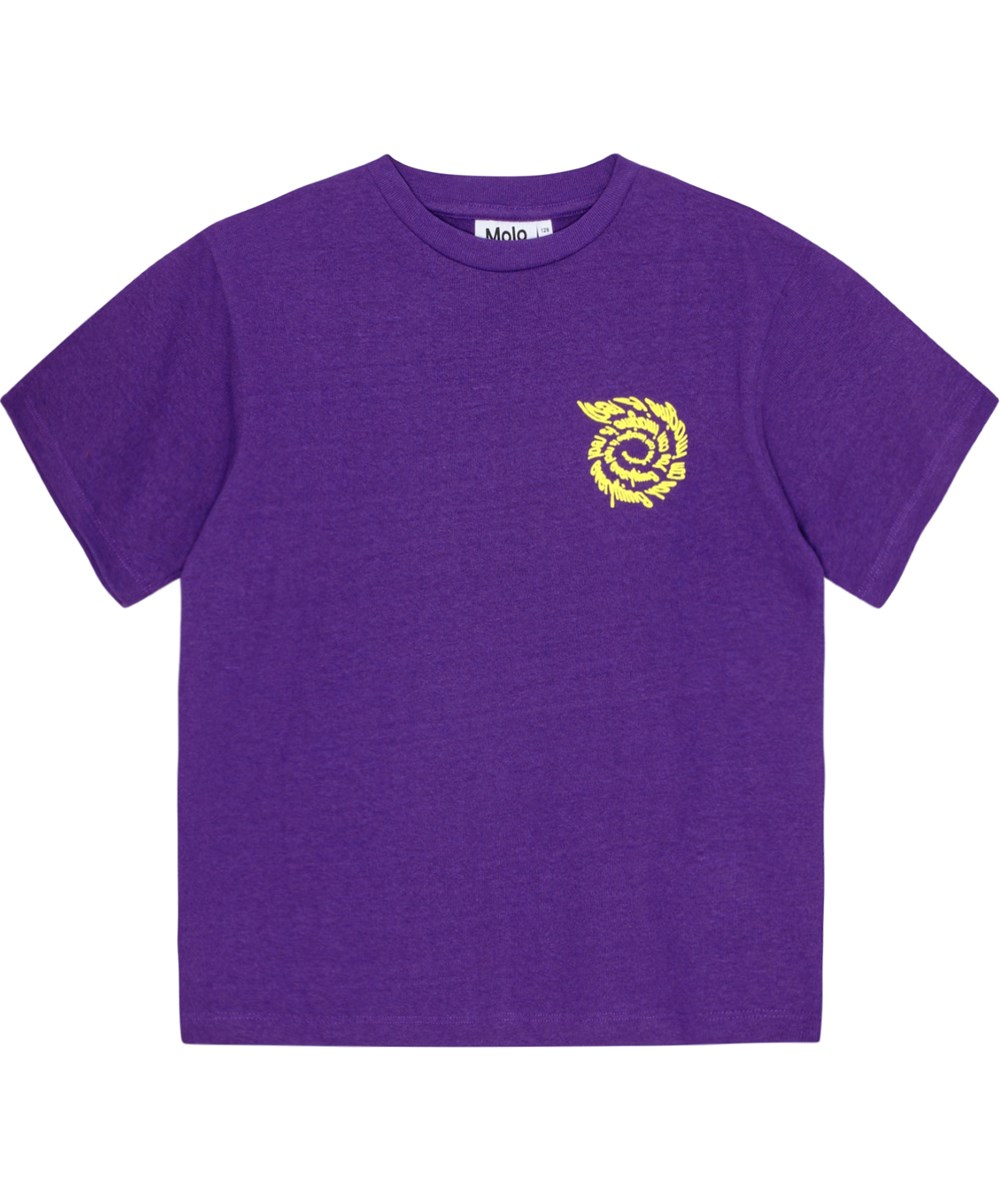 Rodney - Everything You___ - Übergroßes lila T-Shirt mit gelbem Spiralschrift-Druck.