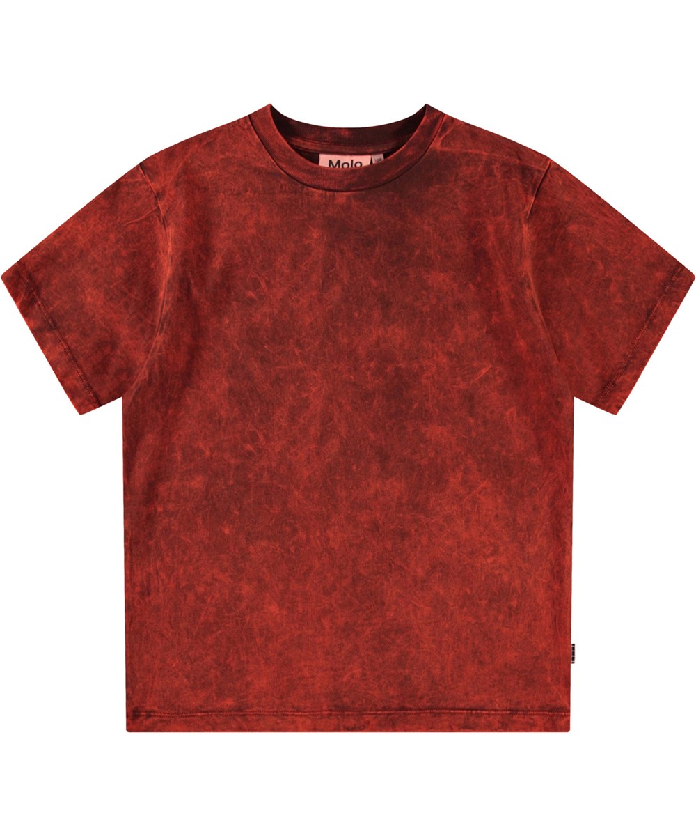 Rodney - Fiesta Dye - Rotes T-Shirt für Kinder aus Öko-Baumwolle mit kurzen Ärmeln und geripptem Ausschnitt.