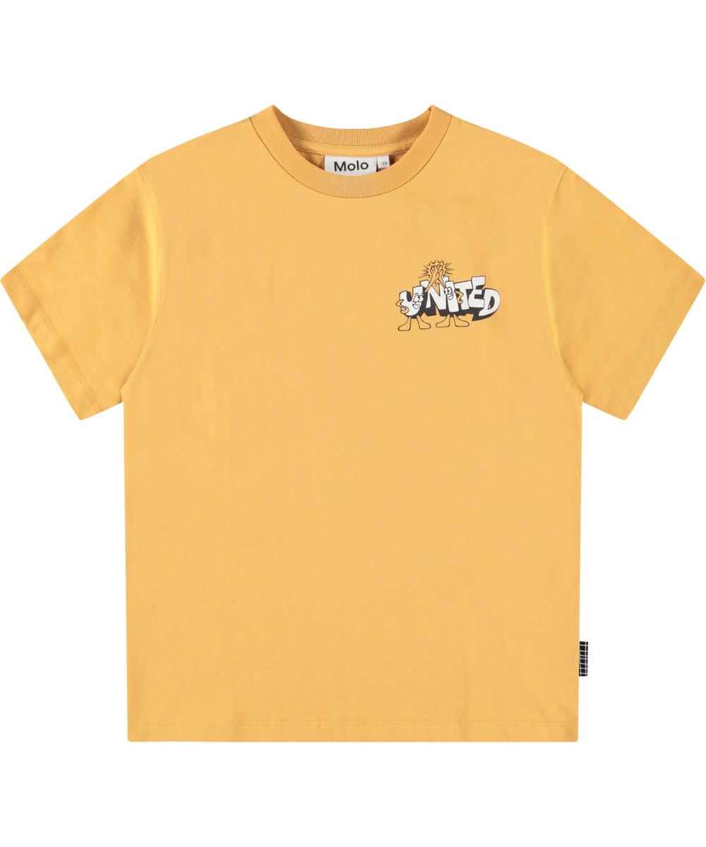 Rodney - Honey Gold - Gelbes T-Shirt mit Druck für Kinder aus Öko-Baumwolle mit kurzen Ärmeln und geripptem Ausschnitt.
