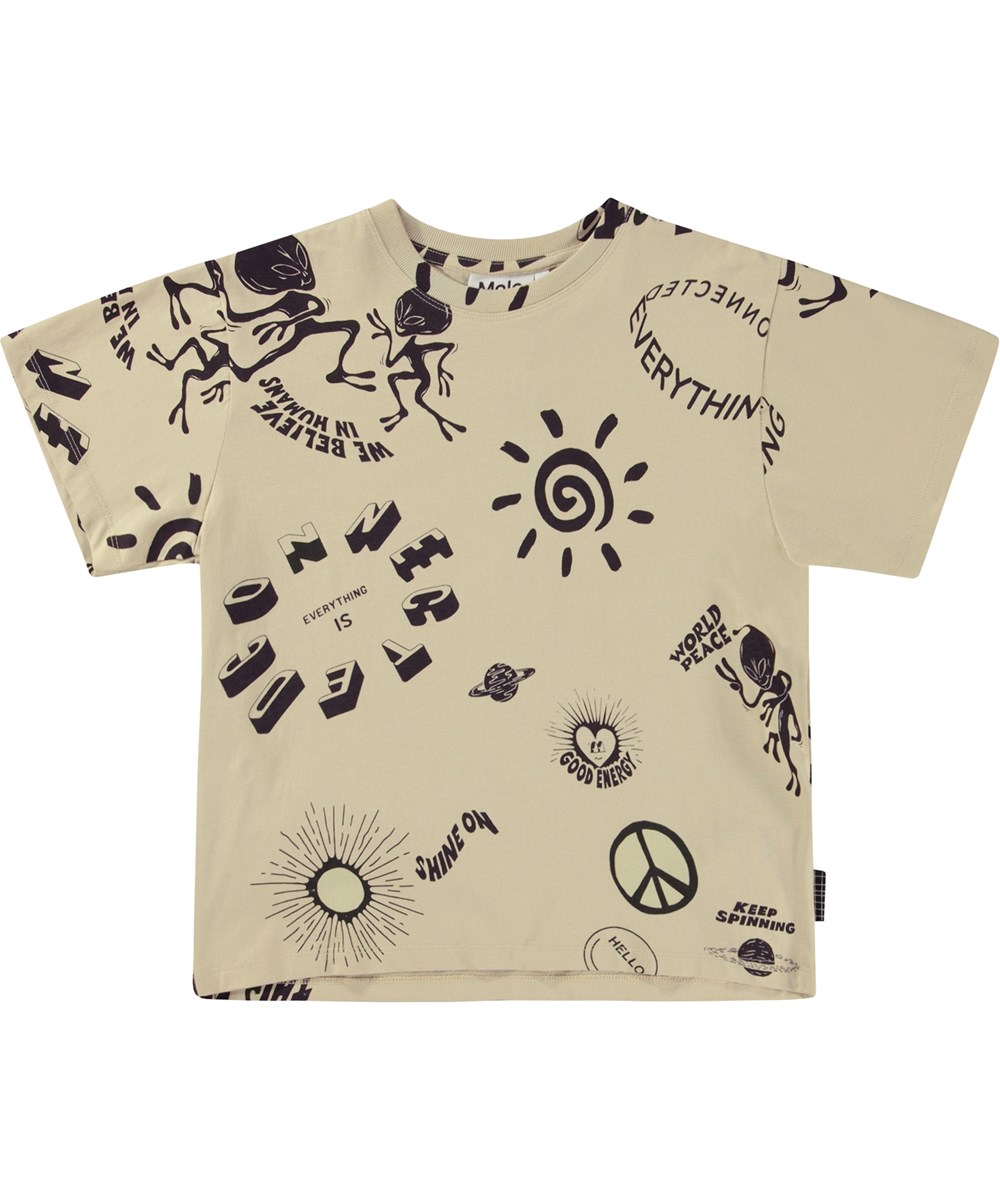 Rodney - Live It Up Lght - Beiges Öko-T-Shirt mit schwarzem Placement-Aufdruck