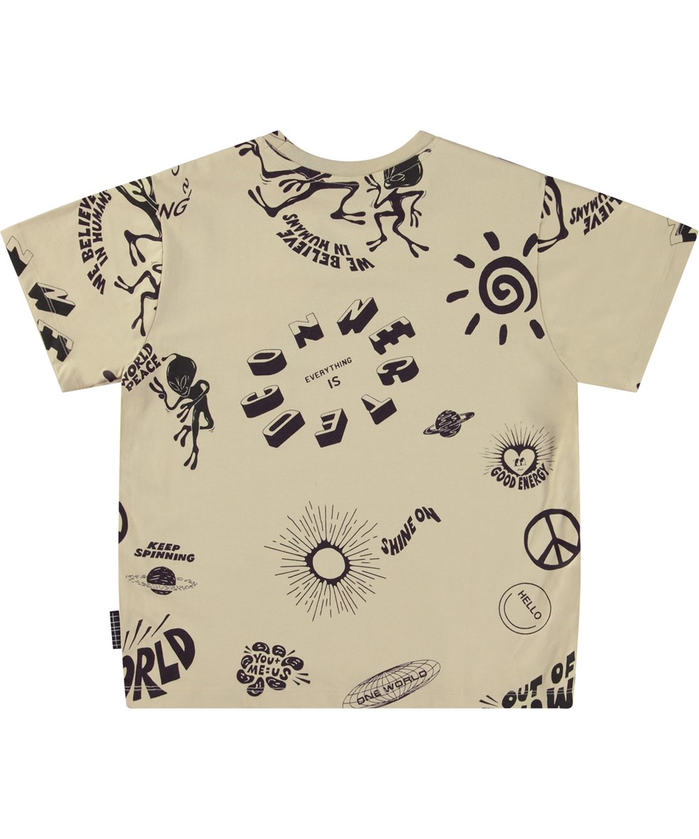 Rodney - Live It Up Lght - Beiges Öko-T-Shirt mit schwarzem Placement-Aufdruck