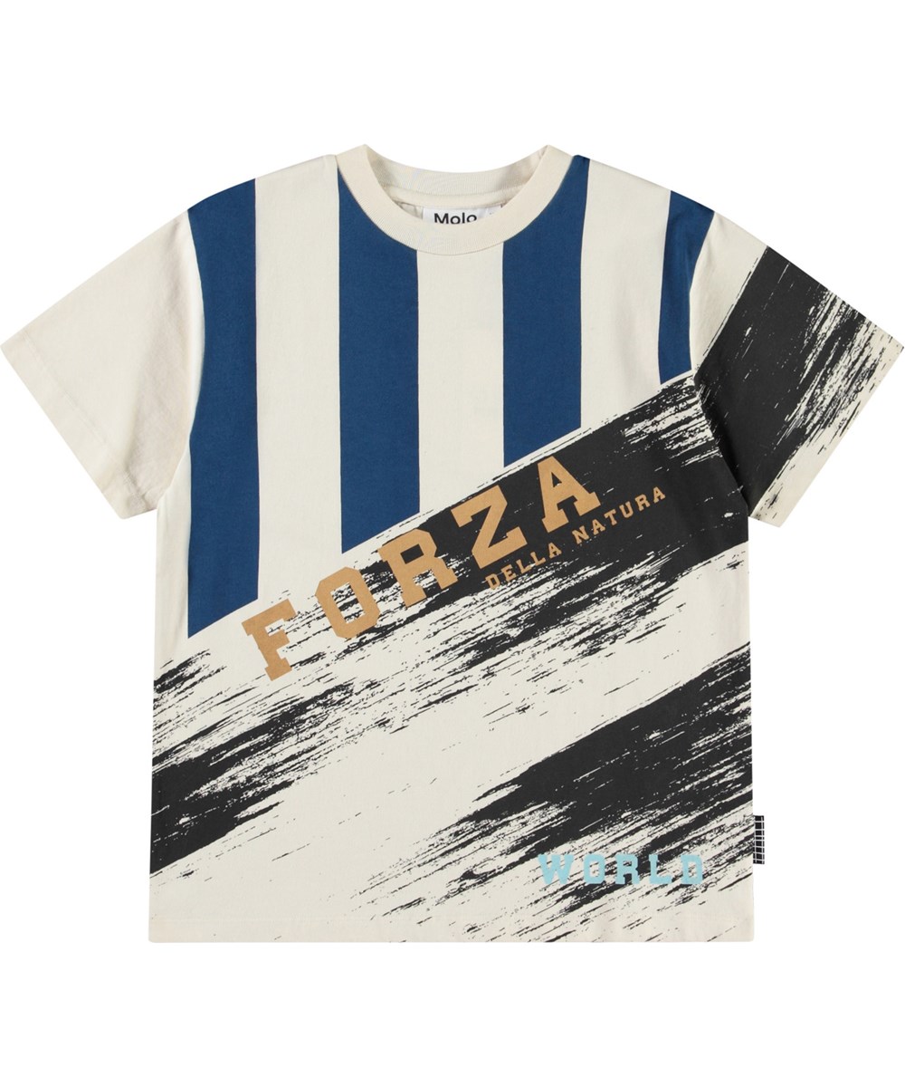 Rodney - Mash Up Neutral - Off-weißes T-Shirt mit Druck für Kinder aus Öko-Baumwolle mit kurzen Ärmeln und geripptem Ausschnitt.