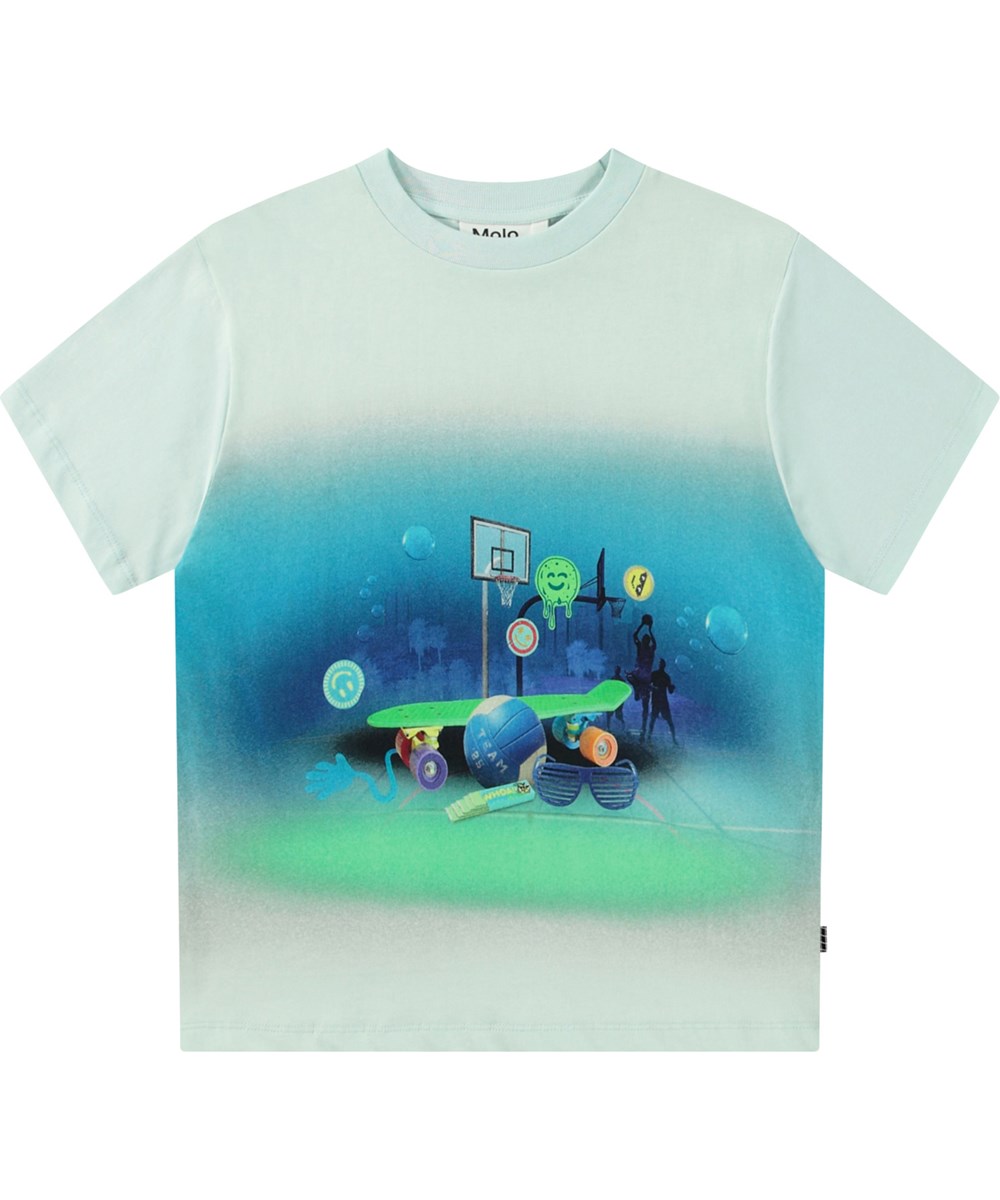 Rodney - My Childhood - Oversized hellblaues T-Shirt für Kinder aus Öko-Baumwolle mit kurzen Ärmeln und geripptem Ausschnitt.