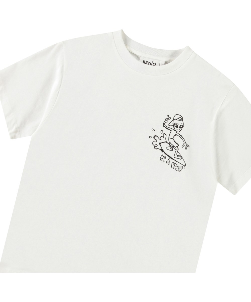 Rodney - On A Wave - Weißes T-Shirt mit Aufdruck für Kinder aus Öko-Baumwolle mit kurzen Ärmeln und geripptem Ausschnitt.