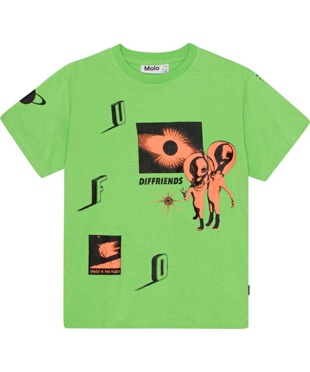 Rodney - Alien Friends - Grünes Öko-T-Shirt mit platziertem Alien- und UFO-Aufdruck