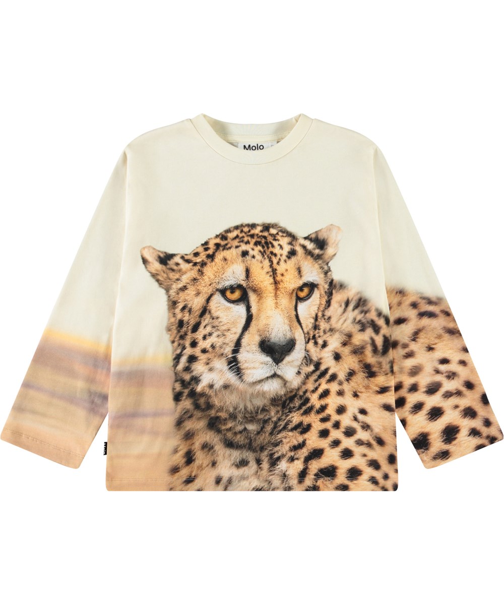 Rollo - Big Cheetah Light - Sweatshirt für Kinder aus weicher Öko-Baumwolle mit geripptem Ausschnitt und einem Aufdruck eines Geparden.