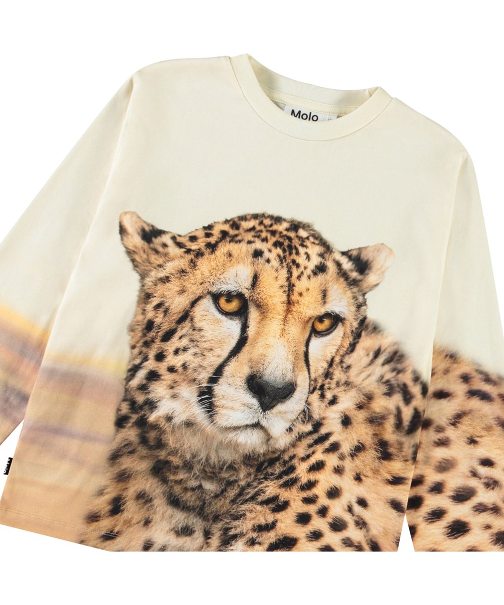 Rollo - Big Cheetah Light - Sweatshirt für Kinder aus weicher Öko-Baumwolle mit geripptem Ausschnitt und einem Aufdruck eines Geparden.