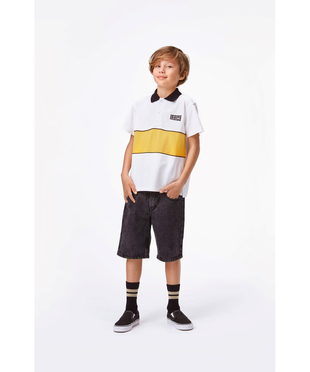 Row - White - Öko Polo T-Shirt mit gelben Streifen