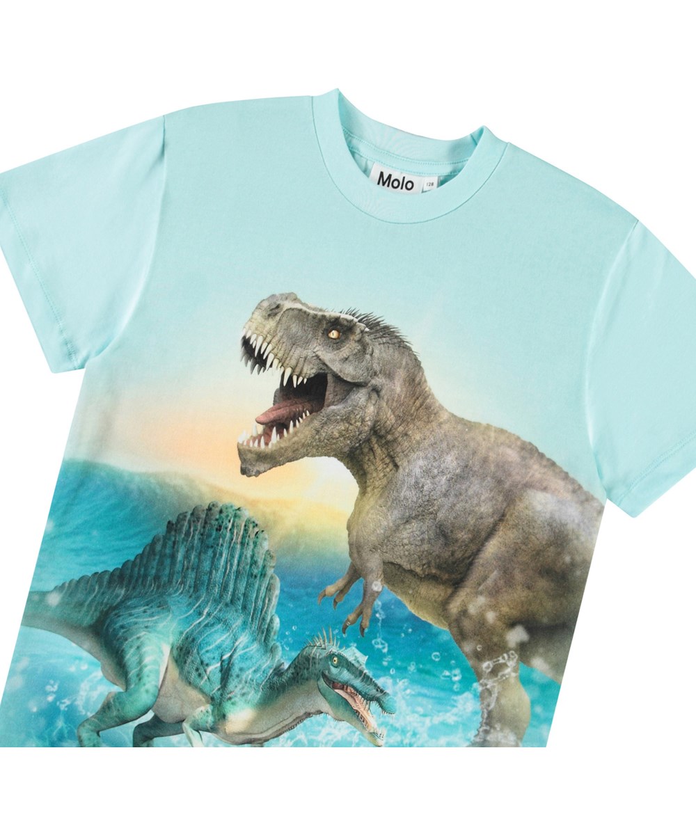 Roxo - Dino Splash - Hellblaues T-Shirt für Kinder aus Öko-Baumwolle mit kurzen Ärmeln, geripptem Ausschnitt und lockerer Passform.