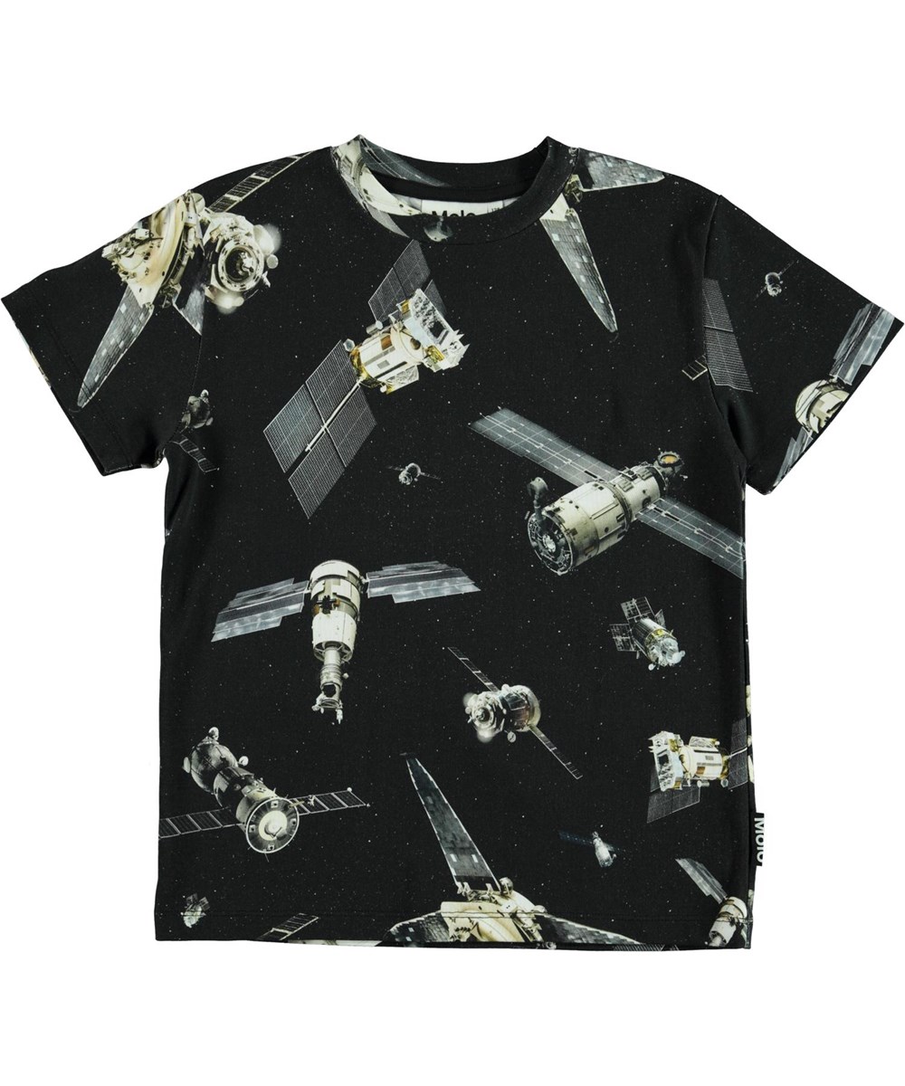 Roxo - Space Satellite - Öko schwarzes T-Shirt mit Satellitendruck
